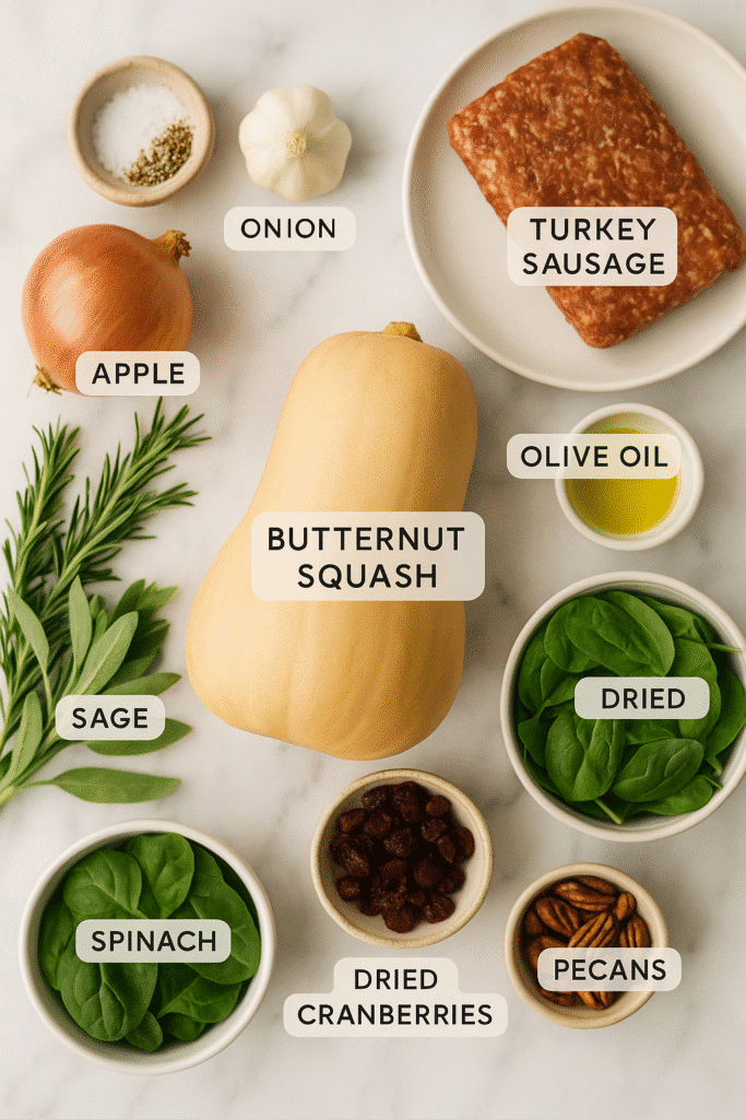 Labeled ingredients for Apple Sausage Stuffed Butternut Squash including sausage, apple, spinach, pecans, and herbs