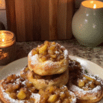 Apple Pie Cheesecake Brioche Buns topped with caramelized apple chunks and powdered sugar on a plate in a cozy kitchen setting.