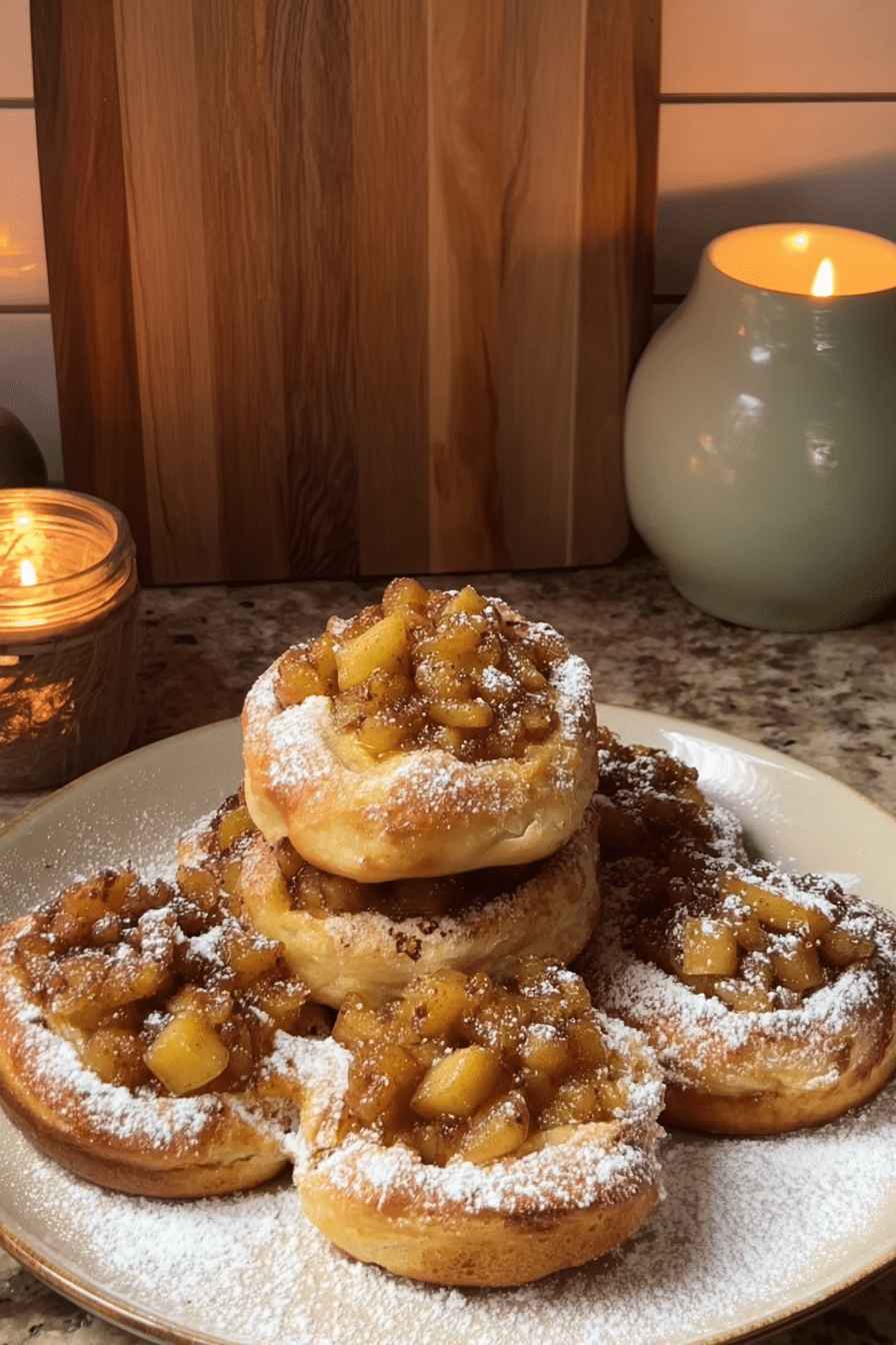 Apple Pie Cheesecake Brioche Buns topped with caramelized apple chunks and powdered sugar on a plate in a cozy kitchen setting.