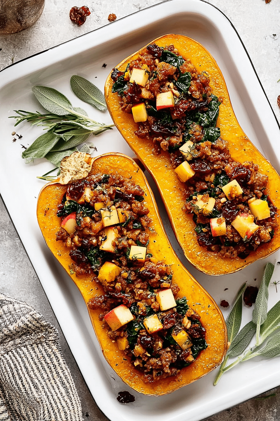 Apple Sausage Stuffed Butternut Squash with apples, sausage, cranberries, spinach, and pecans on a white baking tray