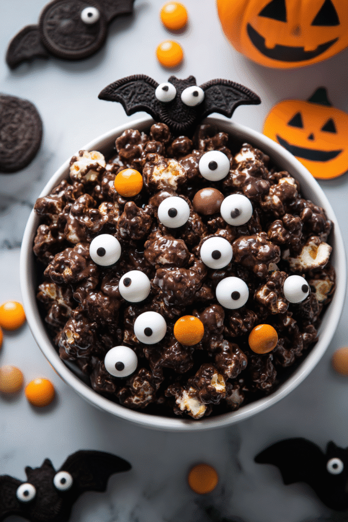 Bat Wing Popcorn with chocolate coating, cookie “wings,” and candy eyes – a spooky snack from 15 Halloween Popcorn Recipes.