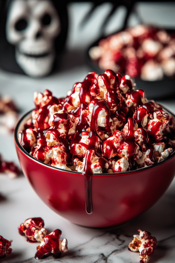 Bloody Halloween Popcorn with red syrup drizzle – a bold, spooky snack from 15 Halloween Popcorn Recipes.