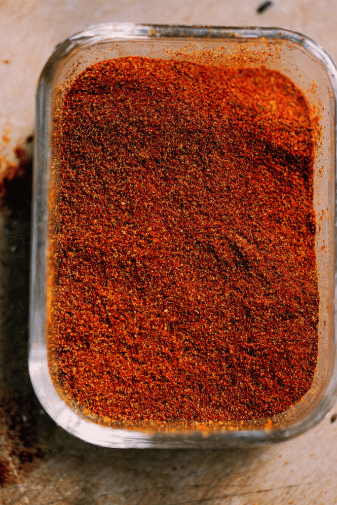 Homemade chili seasoning blend in a glass container for slow cooker chili recipe.