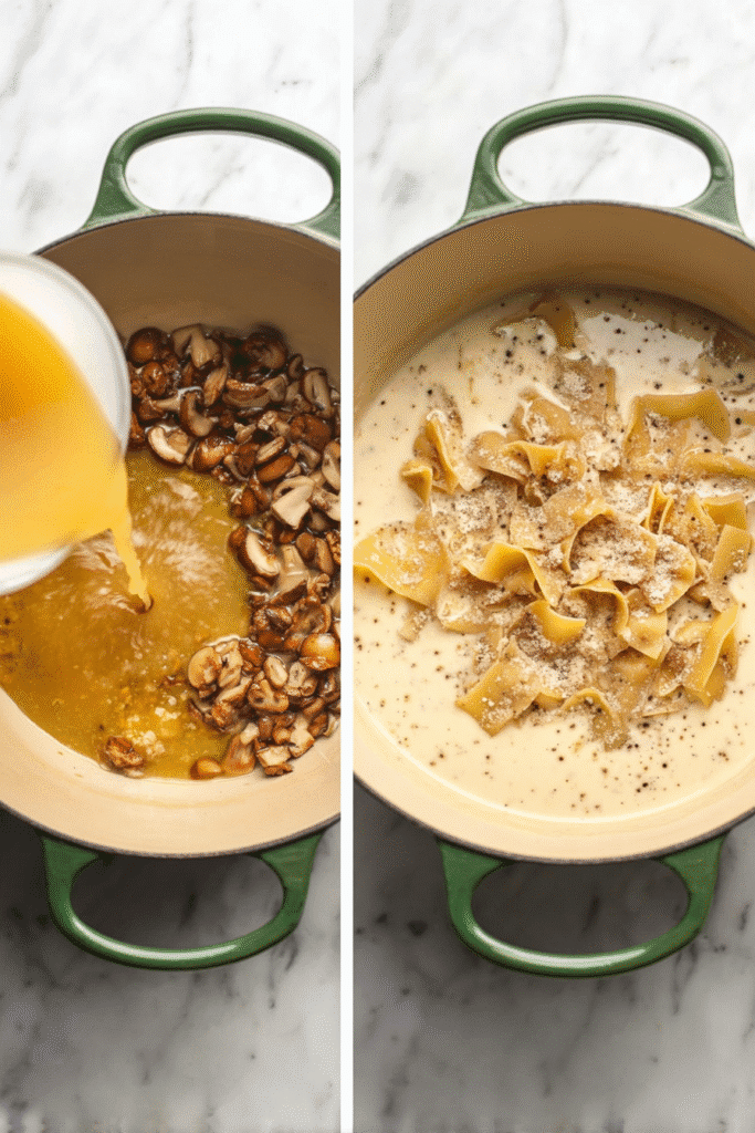 Adding broth and lasagna noodles to creamy mushroom base for creamy chicken lasagna soup in a Dutch oven