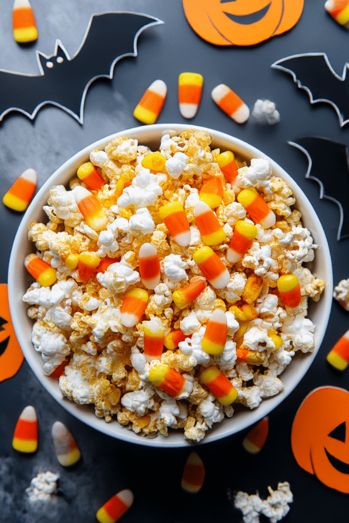 Halloween popcorn recipe. Bowl of popcorn with candy corn, bats, and pumpkins on a dark background.