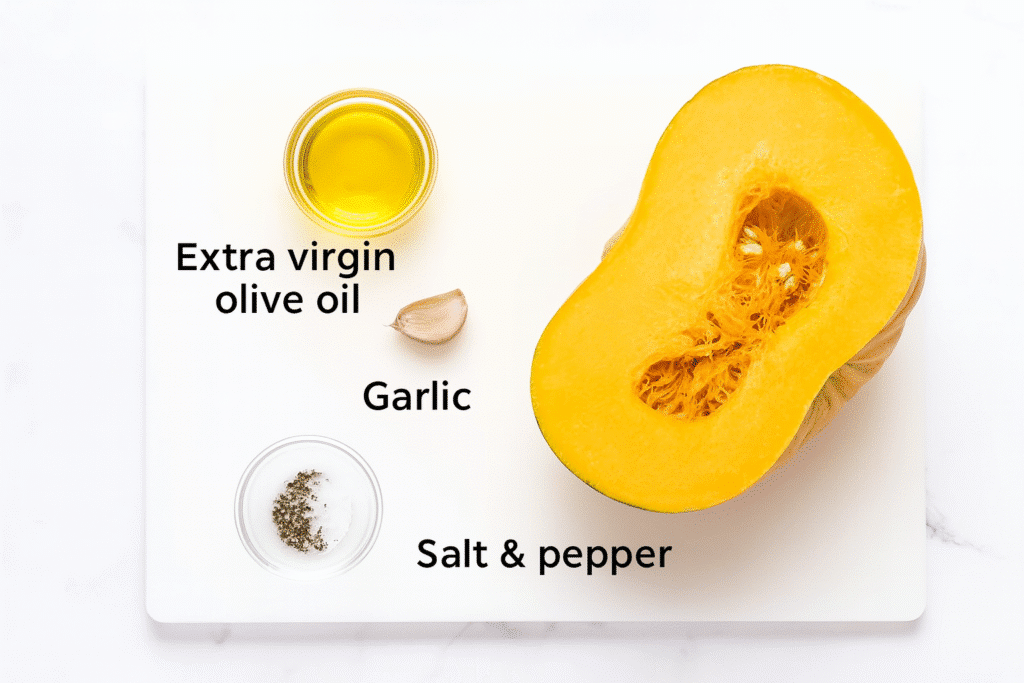 Top-down view of ingredients for roasted pumpkin with lemon yogurt sauce and pine nuts, including pumpkin, olive oil, garlic, salt, and pepper.