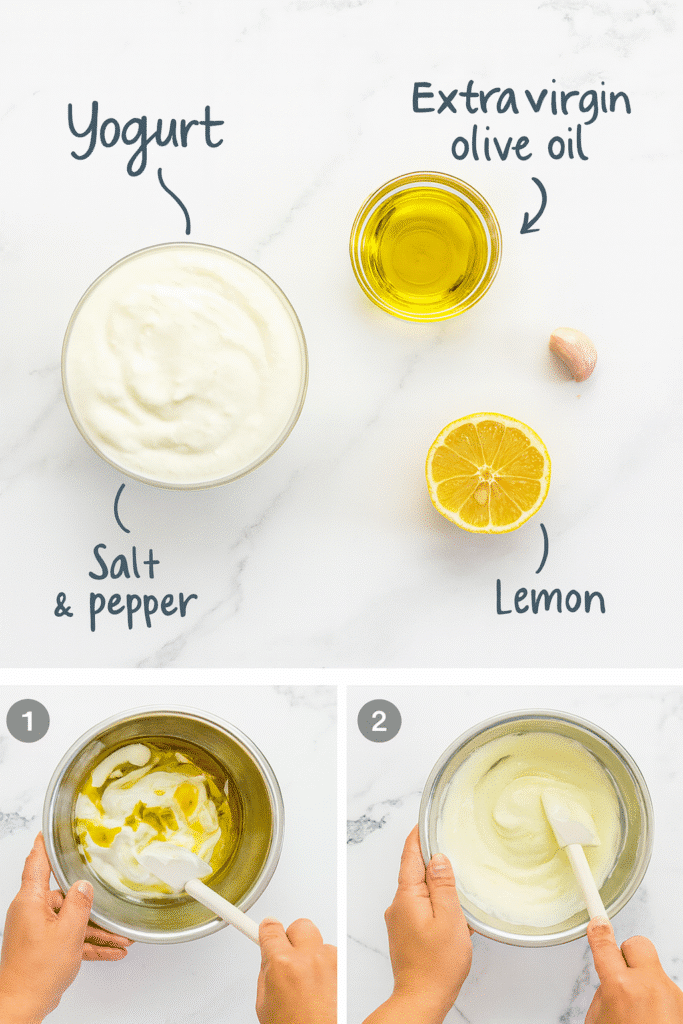 Step-by-step image showing ingredients and preparation of lemon yogurt sauce with yogurt, olive oil, lemon, garlic, and seasoning.