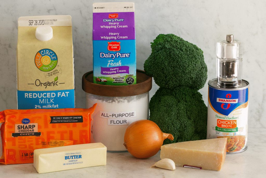 Ingredients for broccoli cheese soup including fresh broccoli, cheddar cheese, milk, cream, onion, garlic, and chicken broth.