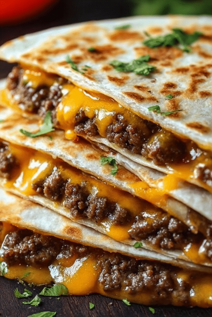 Smashburger Quesadillas with crispy tortillas, melted cheddar cheese, and ground beef, topped with fresh cilantro.