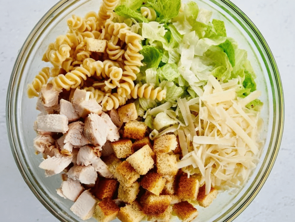 Chicken Caesar Pasta Salad ingredients in a glass bowl: rotini pasta, chicken, croutons, romaine, and parmesan, ready to mix.