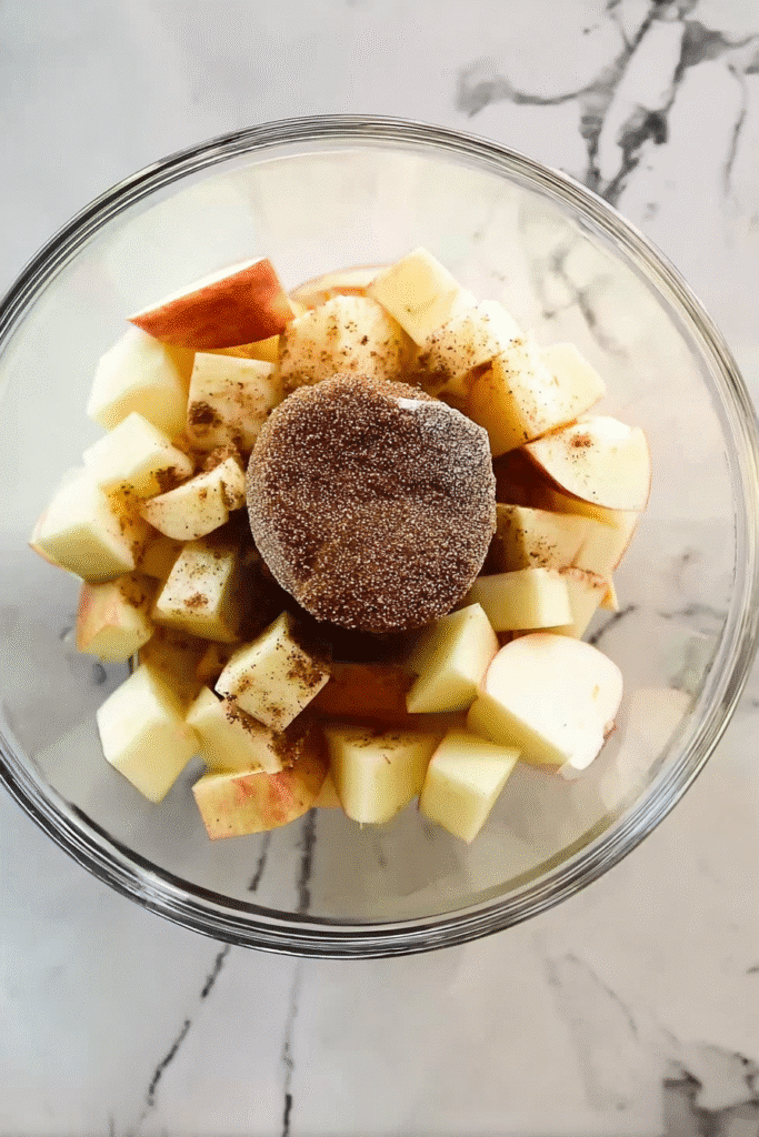 Chopped apples in a glass bowl topped with brown sugar, cinnamon, and nutmeg for brown butter apple bars.