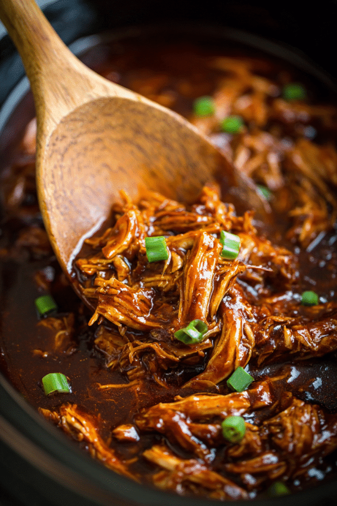 Close-up of crock pot bourbon chicken being served with a wooden spoon, featuring shredded chicken in glossy sauce and green onion garnish.
