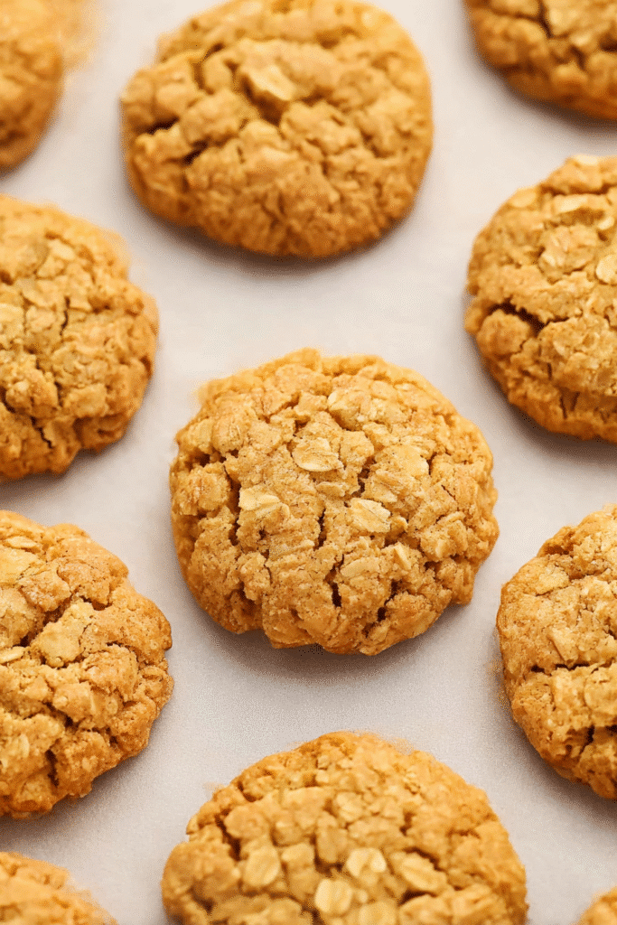 Close-up of pumpkin oatmeal cookies on parchment paper, showcasing golden brown texture and oat flakes.