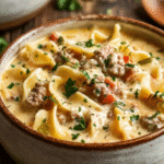 Creamy Italian Style Alfredo lasagna soup with egg noodles, sausage, and vegetables in a rustic ceramic bowl