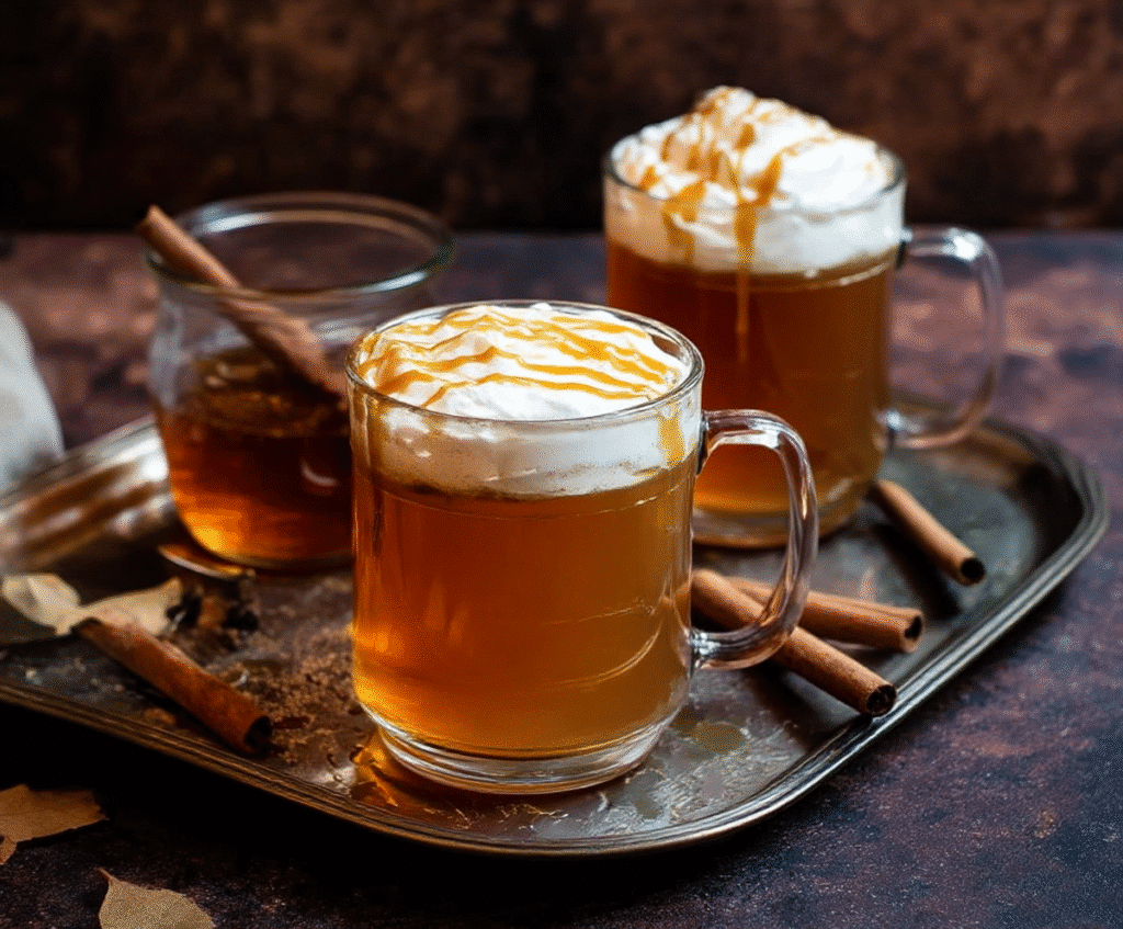 Caramel spiced apple cider in clear mugs topped with whipped cream and caramel drizzle