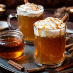 Caramel spiced apple cider in clear mugs topped with whipped cream and caramel drizzle, served with cinnamon sticks on a rustic tray.