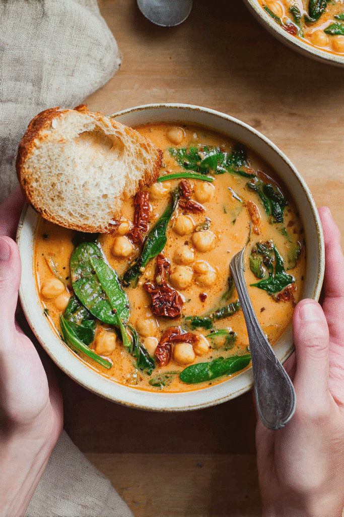 Hands holding a bowl of Tuscan chickpea soup with bread and spinach