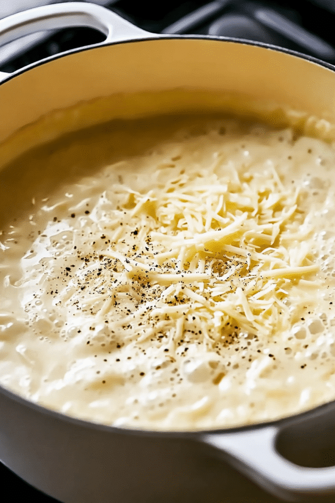Creamy Alfredo sauce with Parmesan and black pepper in a Dutch oven for lasagna soup