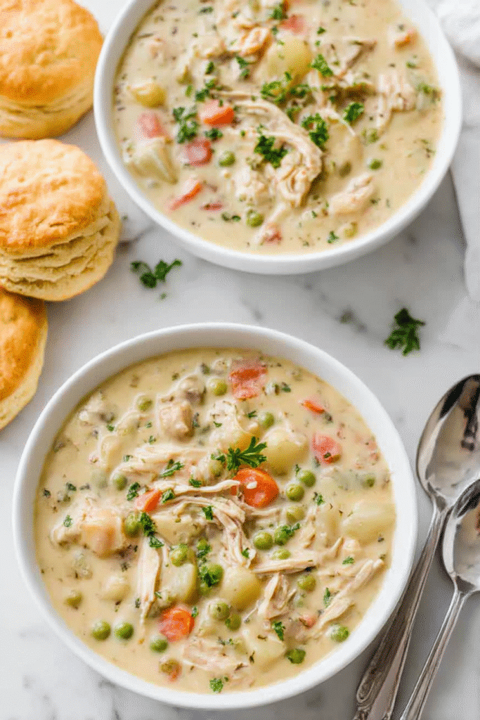 Two bowls of creamy chicken pot pie soup with biscuits and parsley garnish. Title: Creamy Chicken Pot Pie Soup Served with Biscuits