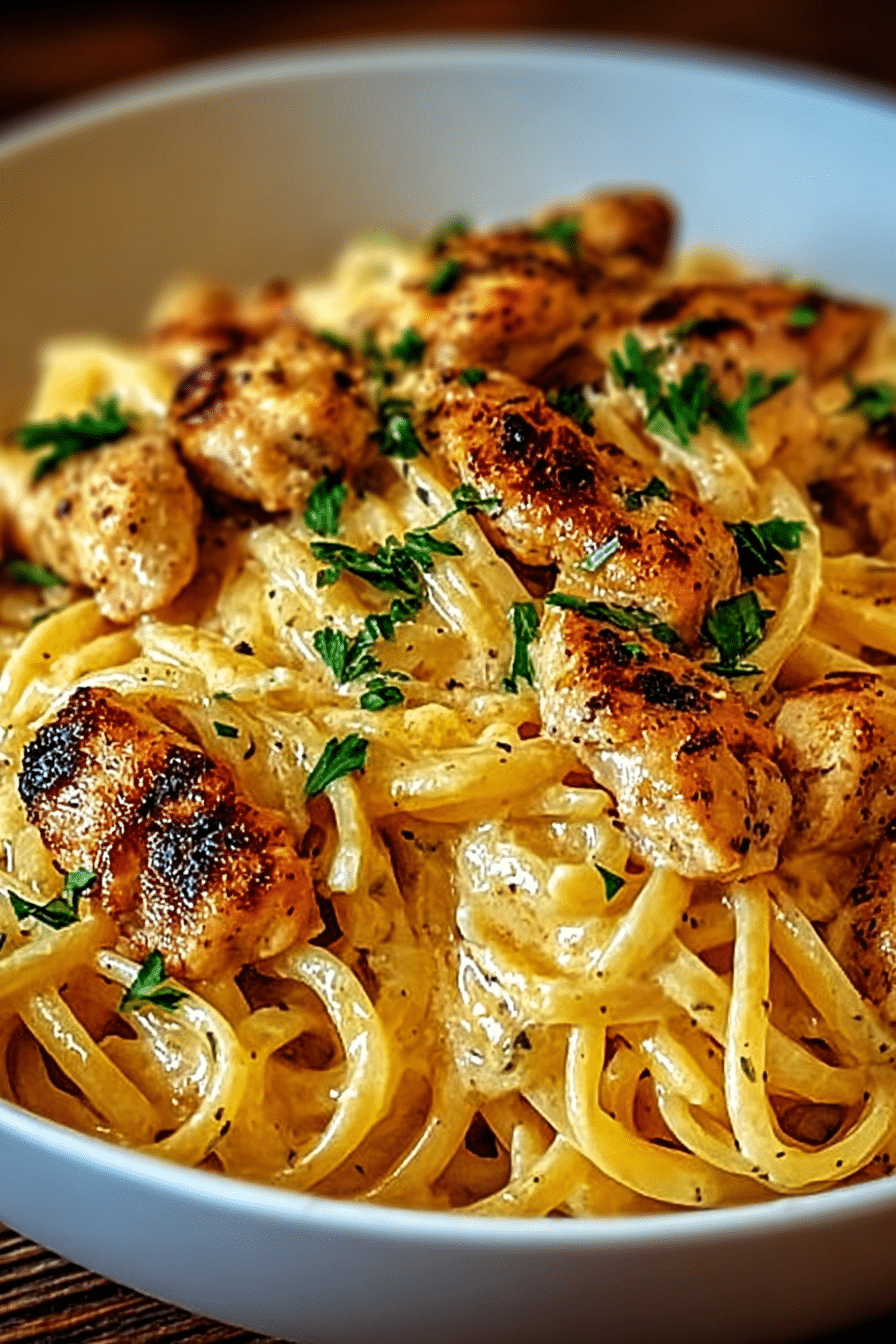 Creamy cowboy butter chicken pasta with grilled chicken and parsley in a white bowl.