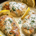 Creamy lemon chicken with parmesan sauce in a skillet with lemon wedges and herbs