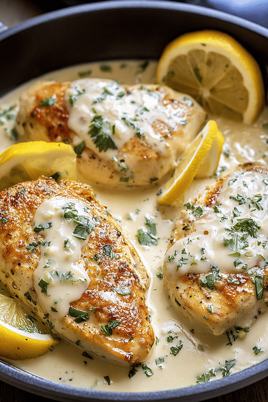 Creamy lemon chicken with parmesan sauce in a skillet with lemon wedges and herbs