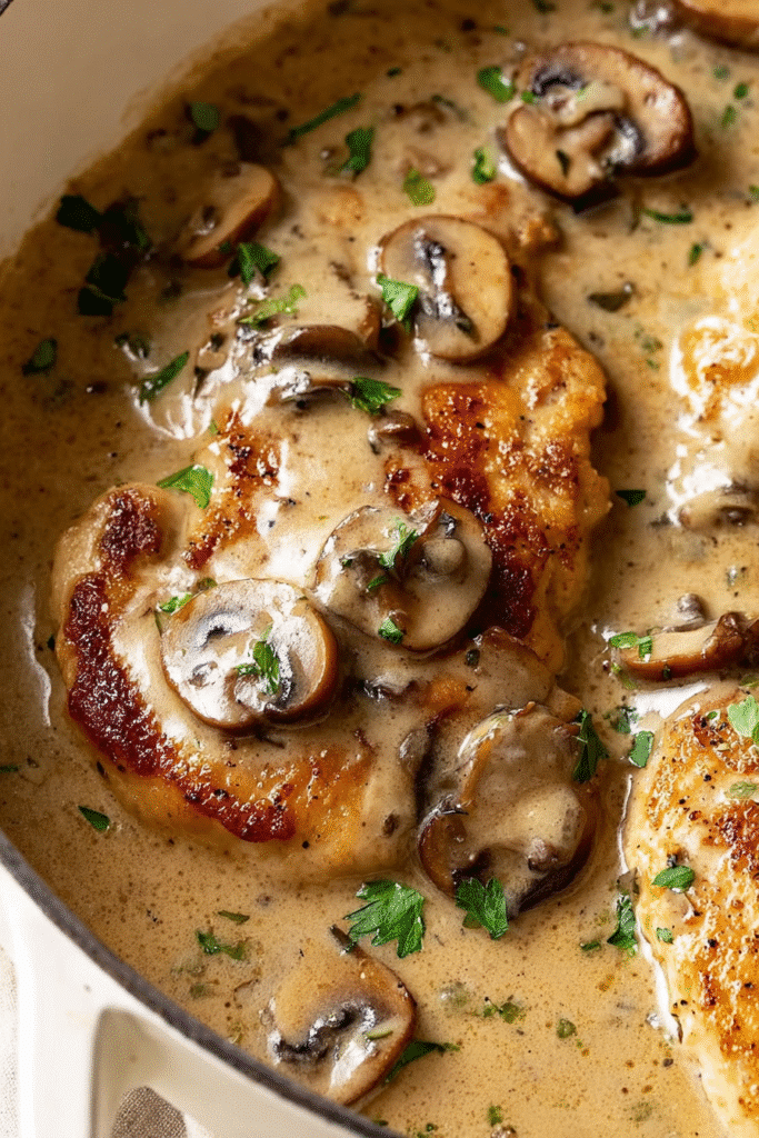 Close-up of creamy mushroom chicken with golden seared chicken breasts, mushrooms, and parsley garnish.