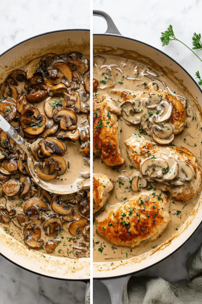 Creamy mushroom chicken recipe step with mushrooms stirred into sauce and final dish with parsley garnish.