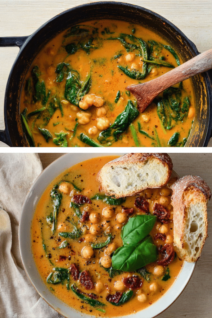 (Left): Pot of creamy Tuscan chickpea soup with spinach and herbs (Right): Bowl of Tuscan chickpea soup with bread, spinach, and sun-dried tomatoes