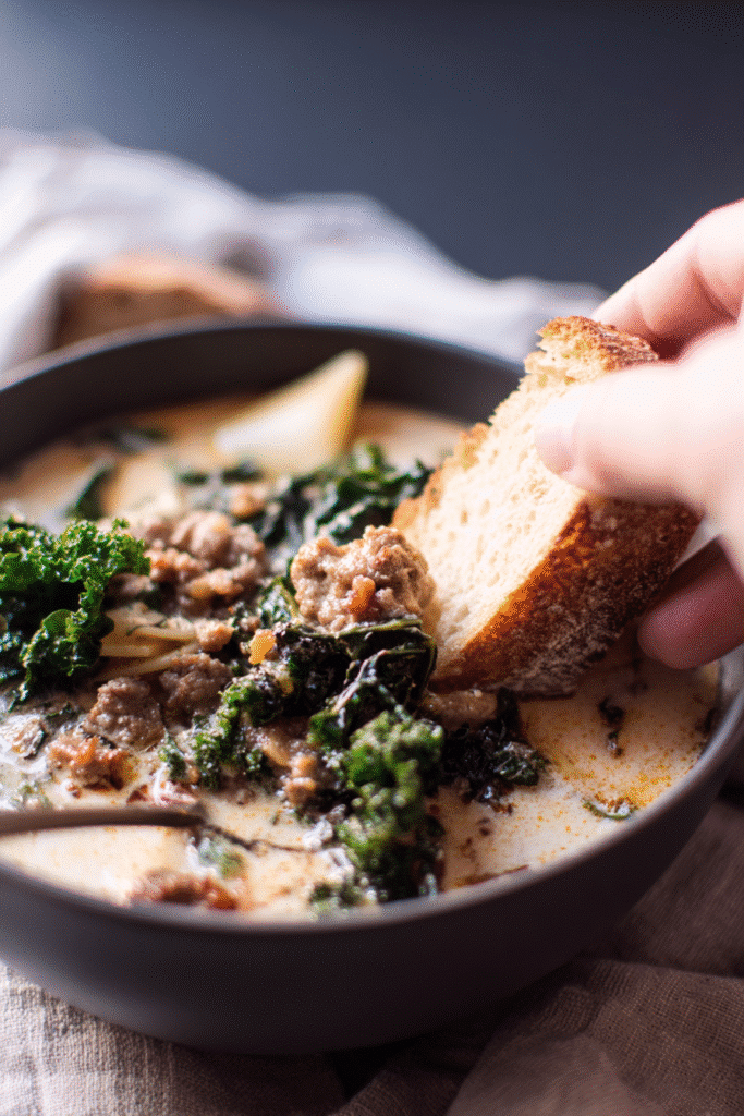 Hand dipping crusty bread into creamy white lasagna soup with kale, sausage, and noodles.