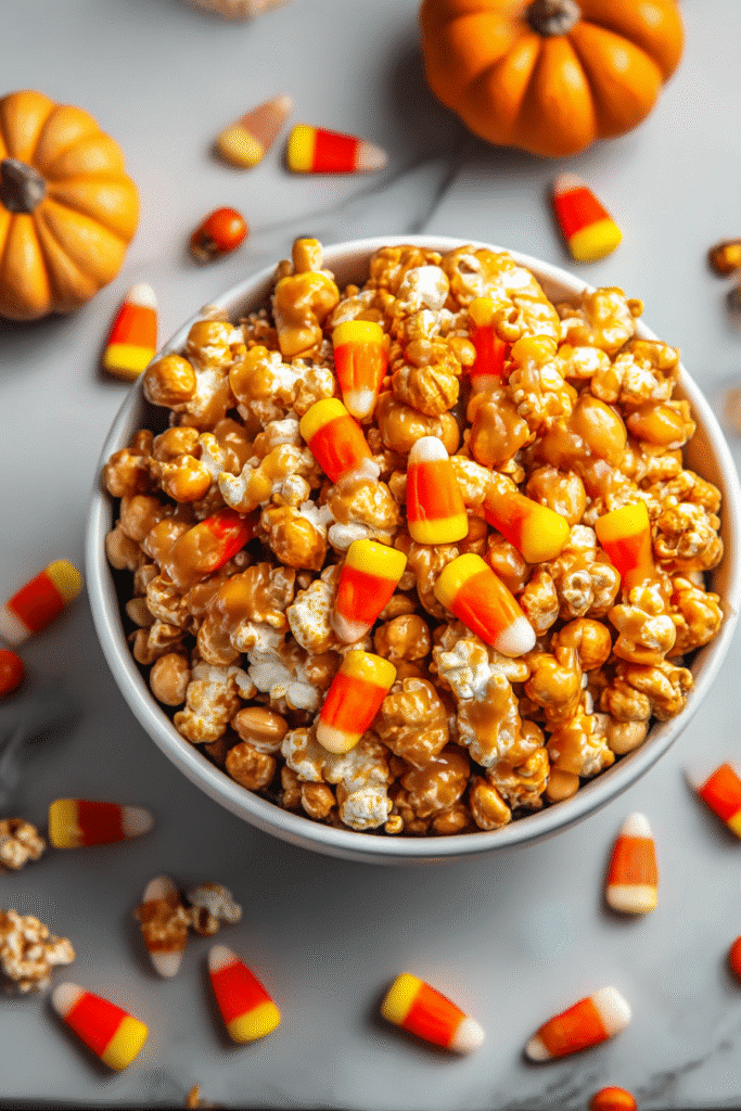 Halloween caramel popcorn recipe. Bowl of caramel corn with candy corn and pumpkins. Freaky fun Halloween treat.
