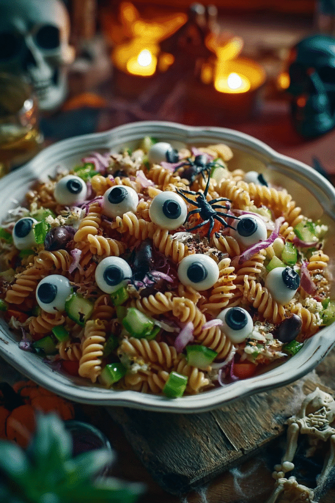 Halloween eyeball pasta salad with mozzarella eyeballs, rotini, and creepy-crawly decorations in a white bowl.