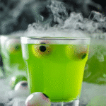 Spooky Halloween punch with neon green color, dry ice smoke, and floating eyeball decorations.