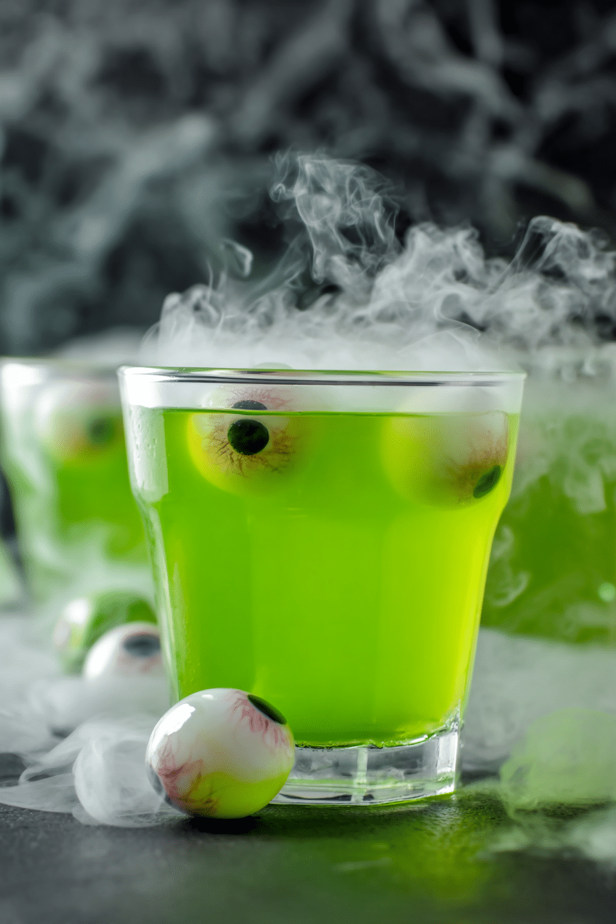 Spooky Halloween punch with neon green color, dry ice smoke, and floating eyeball decorations.
