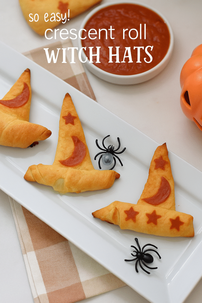 Golden crescent roll witch hats decorated with pepperoni moon and stars, served on a white platter with marinara sauce and Halloween decorations.