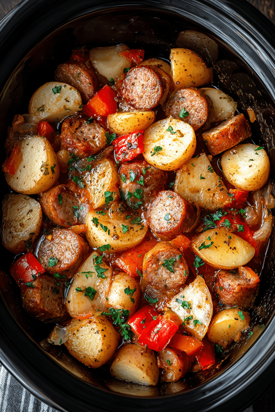 Crockpot sausage casserole with golden potatoes, carrots, peppers, and herbs in a slow cooker.