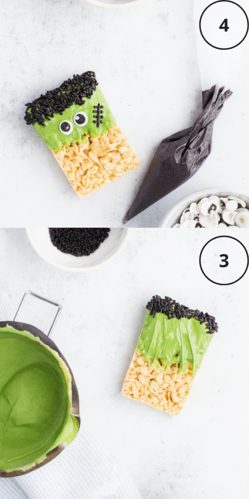 Decorating halloween rice krispie treats with green frosting, black sprinkles, candy eyes, and icing.