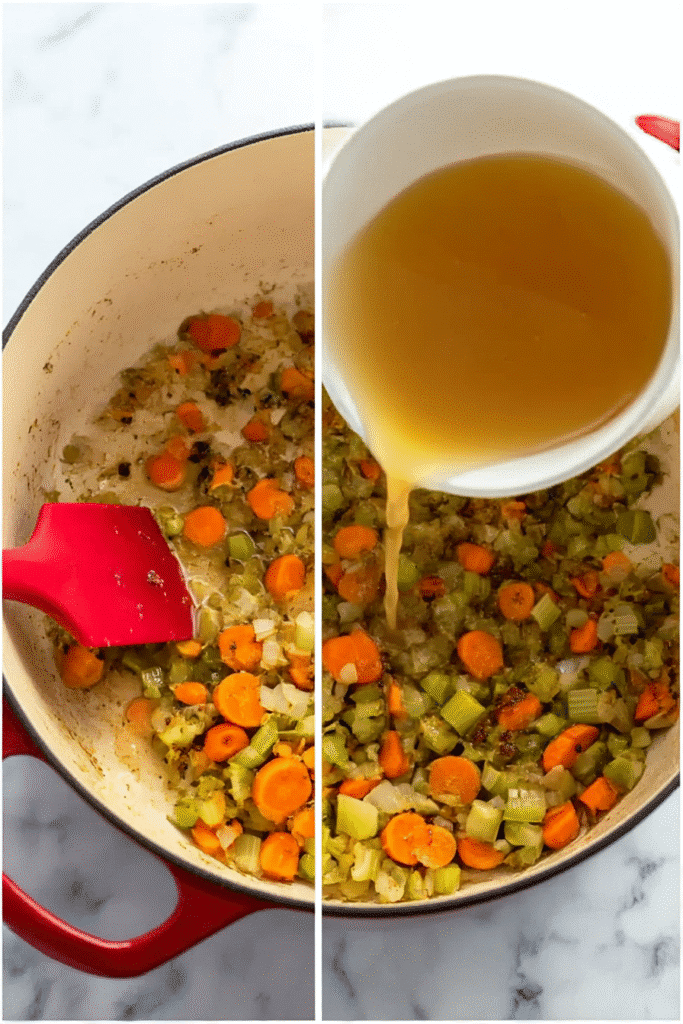 Sautéed carrots, onions, and celery deglazed with broth in a Dutch oven for lemon chicken orzo soup.