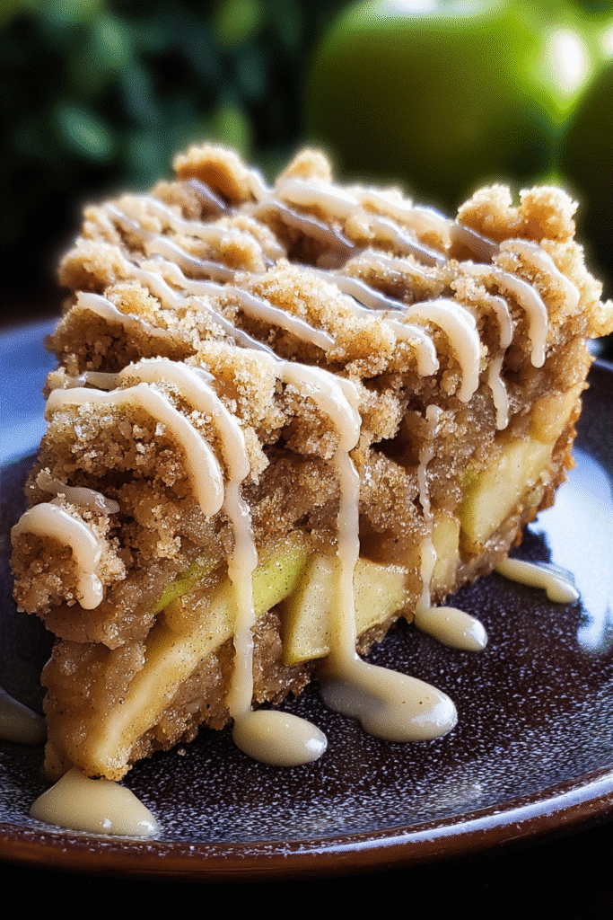 Close-up of a thick slice of apple crumb cake with cinnamon, topped with crumb and glaze.