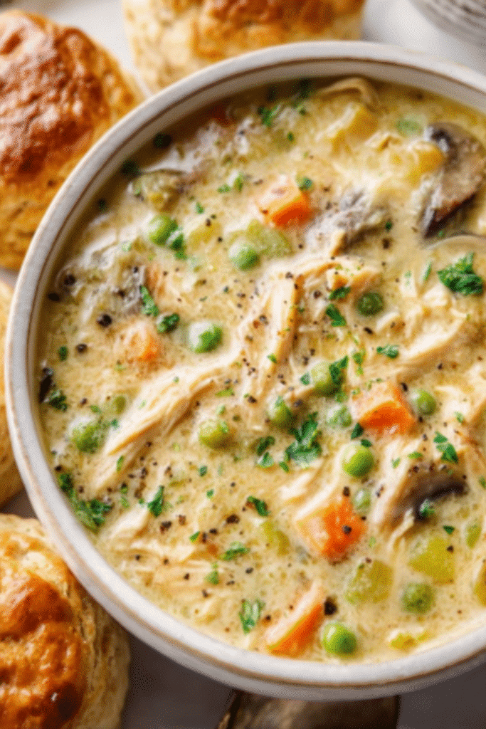 Hearty chicken pot pie soup with shredded chicken, carrots, peas, and mushrooms in a creamy golden broth.