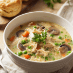 Hearty chicken pot pie soup with shredded chicken, carrots, peas, and mushrooms in a creamy golden broth.