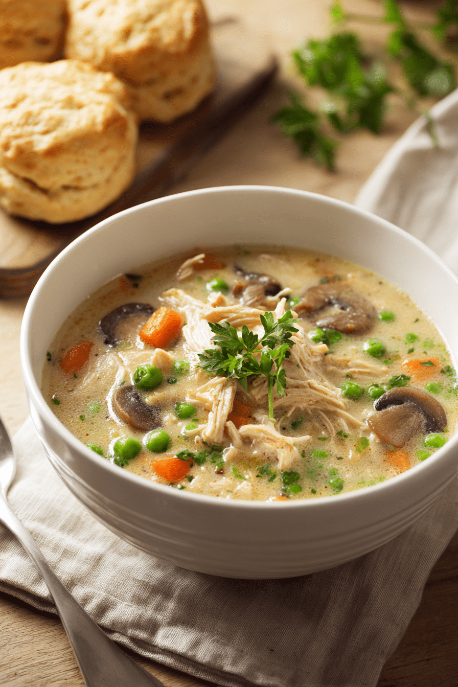 Hearty chicken pot pie soup with shredded chicken, carrots, peas, and mushrooms in a creamy golden broth.