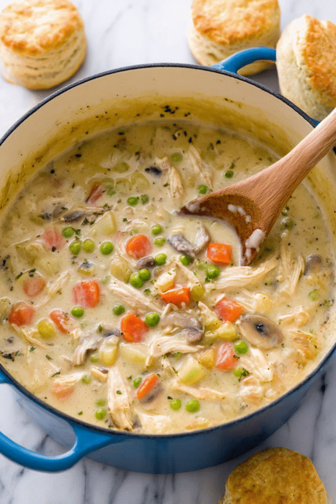 Chicken pot pie soup in a blue Dutch oven with wooden spoon and biscuits.