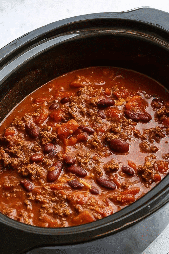 Easy crockpot chili simmering with beef, beans, and tomatoes in a slow cooker.
