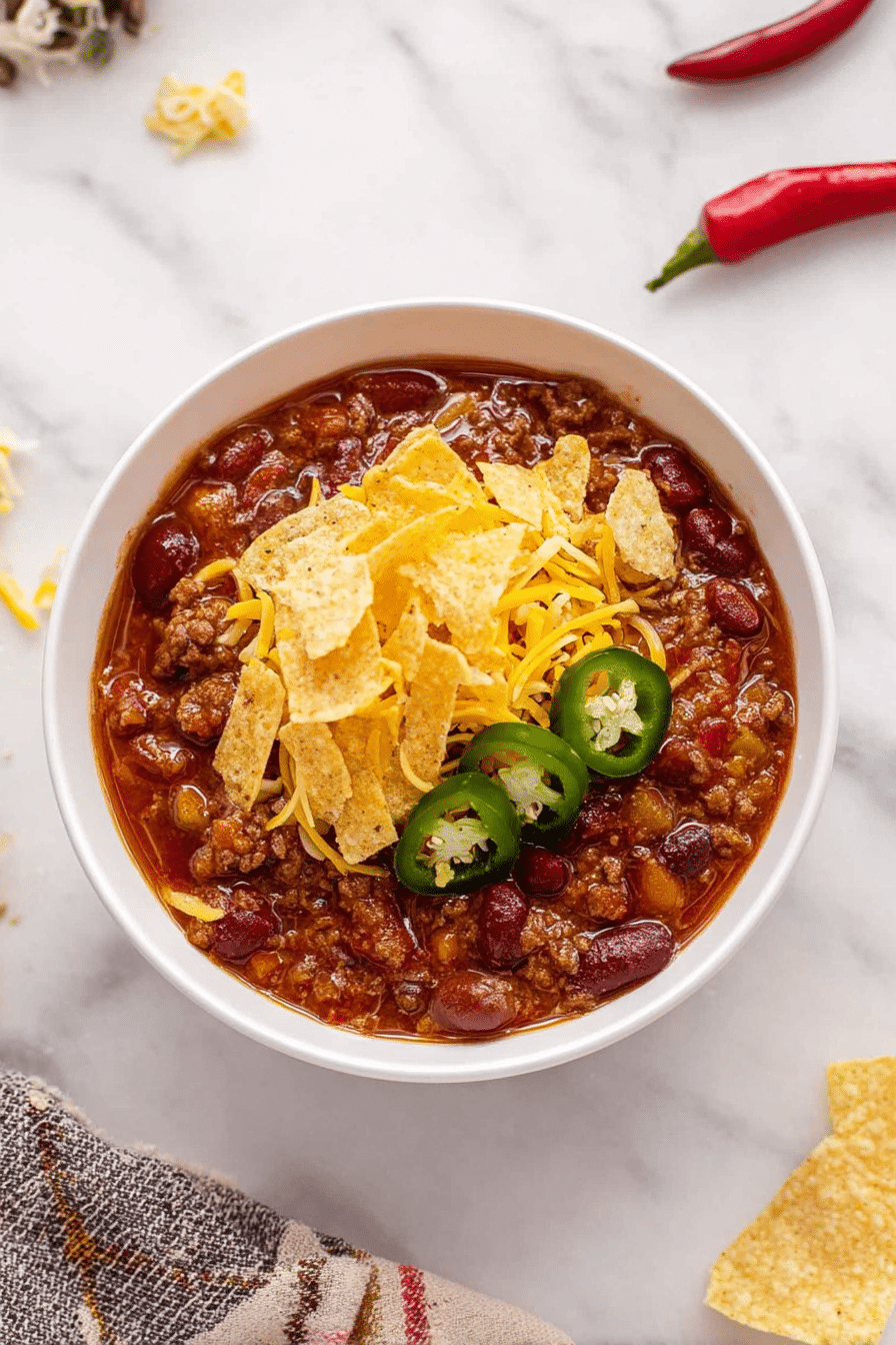 Easy Crockpot Chili topped with cheese, tortilla chips, and jalapeño slices in a white bowl.