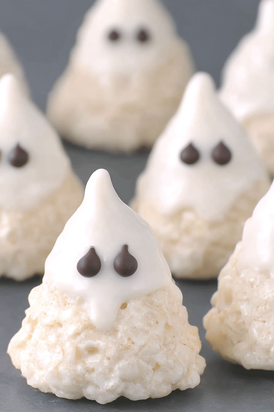 Rice Krispie Treat Ghosts shaped like teardrops with white marshmallow coating and chocolate eyes for Halloween
