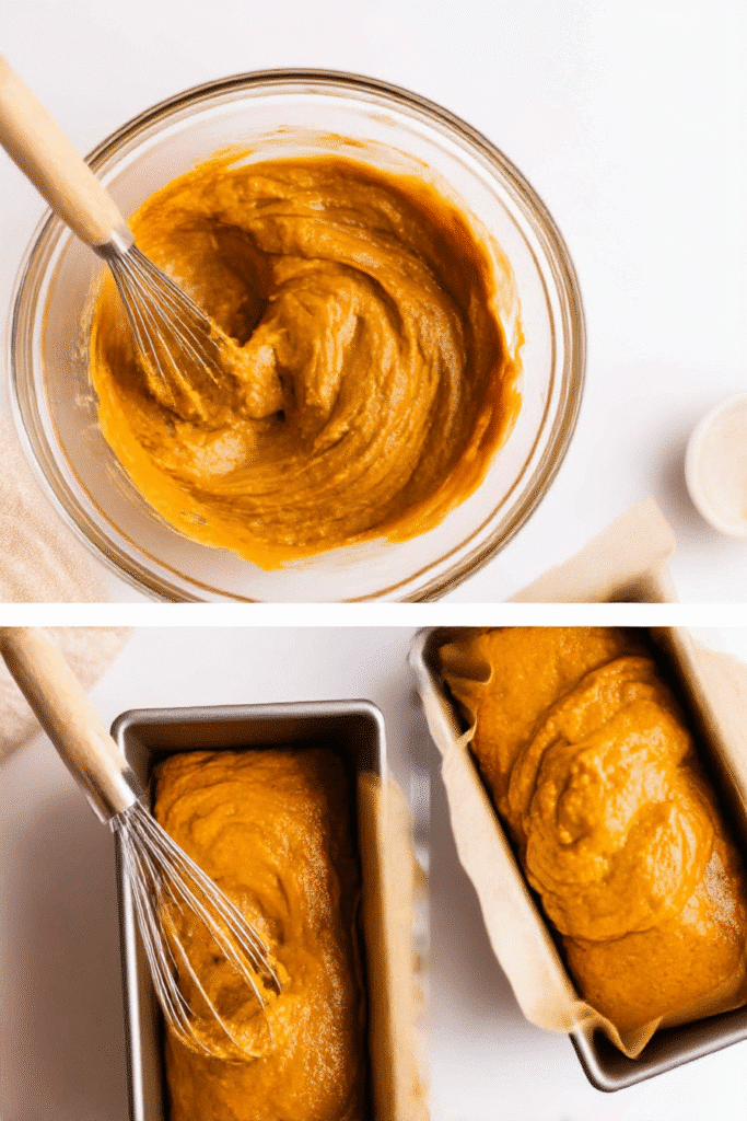 Pumpkin bread batter in a bowl and loaf pans. Whisk mixing batter. Baking pumpkin bread.