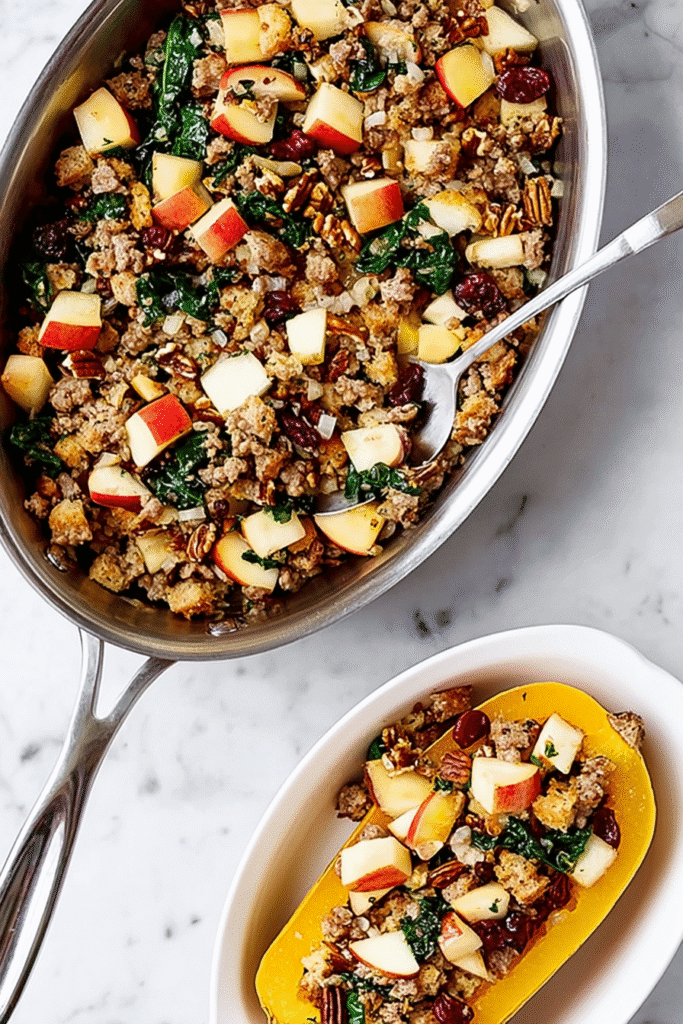 Filling roasted butternut squash halves with apple sausage stuffing mixture of apples, sausage, cranberries, spinach, and pecans