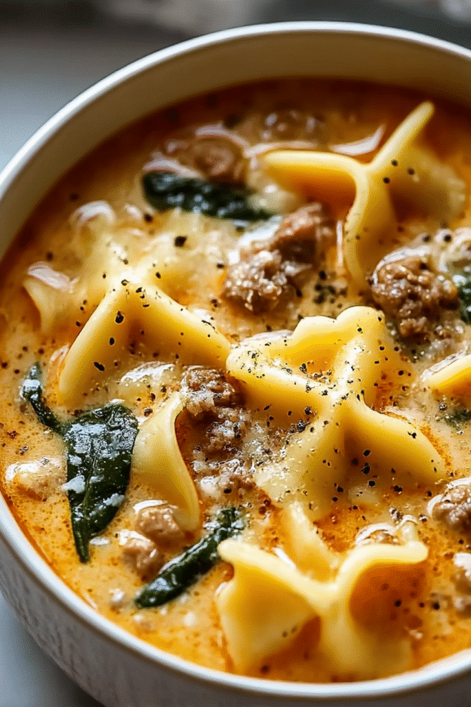 Bowl of Italian Style Creamy Alfredo Lasagna Soup with sausage, noodles, and cracked pepper