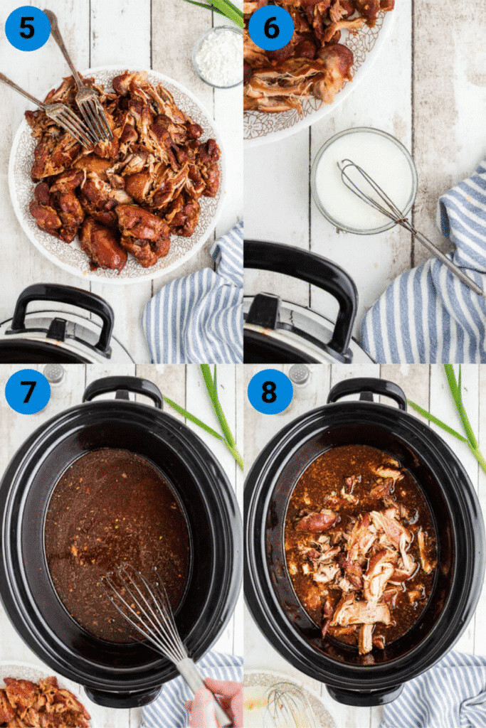 Final cooking steps for crock pot bourbon chicken showing shredded chicken, cornstarch slurry preparation, sauce thickening, and recombining ingredients in the slow cooker.
